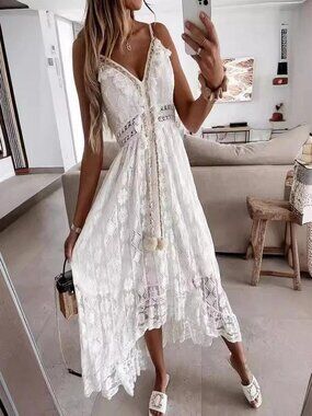 Women's Crochet Lace Maxi Dress Spaghetti Strap V Neck Cami Beach Boho Sundress